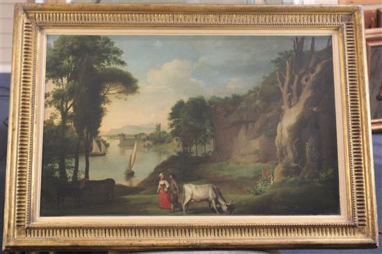 After Claude Lorrain (1600-1682) Classical landscape, 18 x 28.5in.